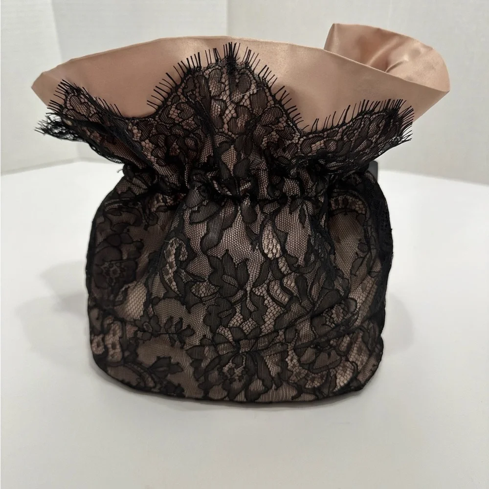 Marchesa x Beauty.com Blush Nude Satin & Black Lace Cosmetics Pouch Bag w Bow